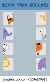Match the halves of the animals tiger, elephant, lion, zebra. Educational game for children.
