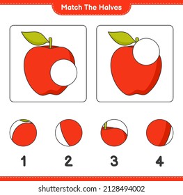 Match the halves. Match halves of Apple. Educational children game, printable worksheet, vector illustration