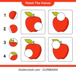 Match the halves. Match halves of Apple. Educational children game, printable worksheet, vector illustration