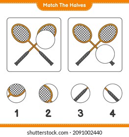 Match die Hälften! Match Hälften der Badminton-Rackets. Kinderspiel, druckbares Arbeitsblatt, Vektorgrafik