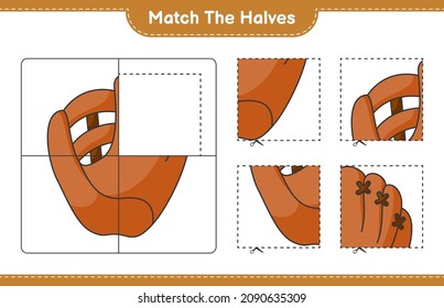 Match the halves. Match halves of Baseball Glove. Educational children game, printable worksheet, vector illustration