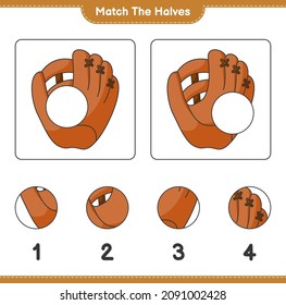 Match the halves. Match halves of Baseball Glove. Educational children game, printable worksheet, vector illustration