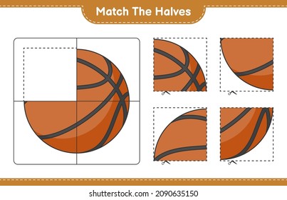 Match the halves. Match halves of Basketball. Educational children game, printable worksheet, vector illustration