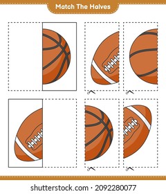 Match the halves. Match halves of Basketball and Rugby Ball. Educational children game, printable worksheet, vector illustration