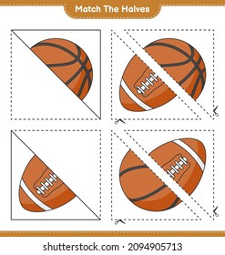 Match the halves. Match halves of Basketball and Rugby Ball. Educational children game, printable worksheet, vector illustration