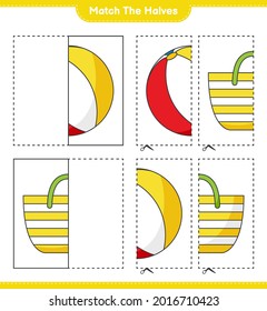 Match die Hälften! Match Hälften von Beach Bag und Beach Ball. Kinderspiel, druckbares Arbeitsblatt, Vektorgrafik