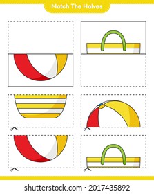 Match the halves. Match halves of Beach Bag and Beach Ball. Educational children game, printable worksheet, vector illustration