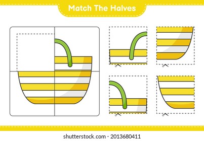 Match die Hälften! Match Hälften der Beach Bag. Kinderspiel, druckbares Arbeitsblatt, Vektorgrafik