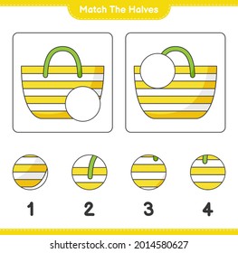 Coincide con las mitades. Coincide con las mitades de la bolsa de playa. Juego infantil educativo, hoja de cálculo imprimible, ilustración vectorial