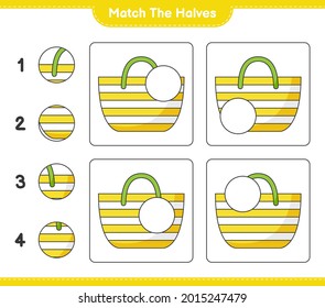 Coincide con las mitades. Coincide con las mitades de la bolsa de playa. Juego infantil educativo, hoja de cálculo imprimible, ilustración vectorial