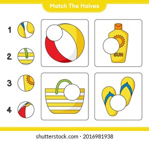 Match the halves. Match halves of Beach Ball, Sunscreen, Beach Bag, and Flip Flop. Educational children game