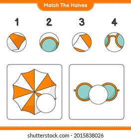 Match the halves. Match halves of Beach Umbrella and Sunglasses. Educational children game, printable worksheet, vector illustration