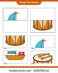 Match the halves. Match halves of Boat and Drum. Educational children game, printable worksheet, vector illustration