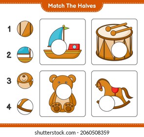 Match die Hälften! Match Hälften von Boat, Drum, Teddy Bär und Rocking Horse. Kinderspiel, druckbares Arbeitsblatt, Vektorgrafik