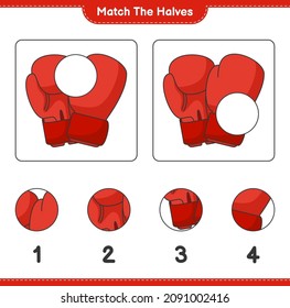 Match the halves. Match halves of Boxing Gloves. Educational children game, printable worksheet, vector illustration