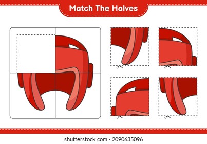 Coincide con las mitades. Coincide con mitades de Casco de Boxeo. Juego infantil educativo, hoja de cálculo imprimible, ilustración vectorial