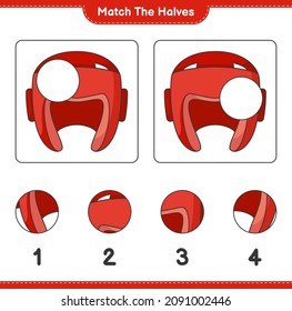Coincide con las mitades. Coincide con mitades de Casco de Boxeo. Juego infantil educativo, hoja de cálculo imprimible, ilustración vectorial