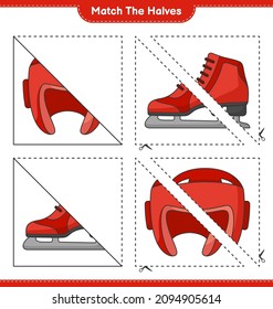 Match the halves. Match halves of Boxing Helmet and Ice Skates. Educational children game, printable worksheet, vector illustration