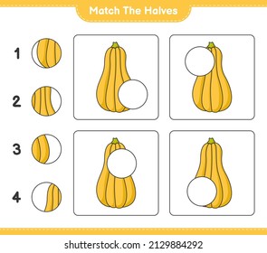 Coincide con las mitades. Coincide con mitades de Squash de marihuana. Juego infantil educativo, hoja de cálculo imprimible, ilustración vectorial