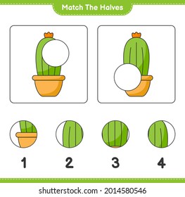 Coincide con las mitades. Coincide con mitades de Cactus. Juego infantil educativo, hoja de cálculo imprimible, ilustración vectorial