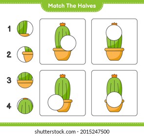 Coincide con las mitades. Coincide con mitades de Cactus. Juego infantil educativo, hoja de cálculo imprimible, ilustración vectorial