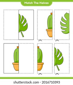 Match the halves. Match halves of Cactus and Monstera. Educational children game, printable worksheet, vector illustration