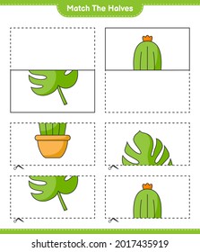 Coincide con las mitades. Coincide con mitades de Cactus y Monstera. Juego infantil educativo, hoja de cálculo imprimible, ilustración vectorial