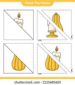 Match the halves. Match halves of Candle and Butternut Squash. Educational children game, printable worksheet, vector illustration