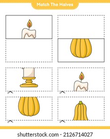 Match the halves. Match halves of Candle and Butternut Squash. Educational children game, printable worksheet, vector illustration