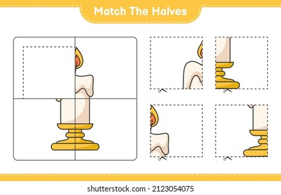 Match the halves. Match halves of Candle. Educational children game, printable worksheet, vector illustration