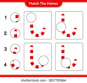 Match the halves. Match halves of Candy Canes. Educational children game, printable worksheet, vector illustration
