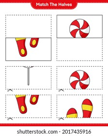 Match the halves. Match halves of Candy and Flip Flop. Educational children game, printable worksheet, vector illustration