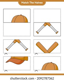 Match the halves. Match halves of Cap Hat and Baseball Bat. Educational children game, printable worksheet, vector illustration