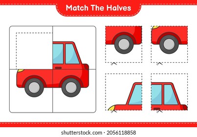 Match the halves. Match halves of Car. Educational children game, printable worksheet, vector illustration