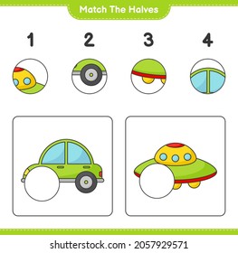Coincide con las mitades. Coincide con las mitades del coche y la Ufo. Juego infantil educativo, hoja de cálculo imprimible, ilustración vectorial