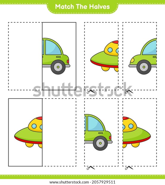 Match the\
halves. Match halves of Car and Ufo. Educational children game,\
printable worksheet, vector\
illustration