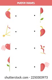 Match Hälften von Cartoon-Valentinelementen. Logisches Spiel für Kinder.