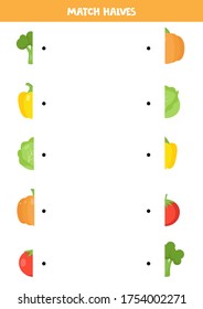 Match halves of cartoon vegetables. Logical puzzle for preschool kids. Educational worksheet.