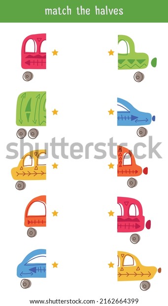 Match the halves.\
Children educational game. Find right half for cars. Vector\
worksheet template for preschool lessons. Cartoon naive vans and\
transport with tribal decorations.\
