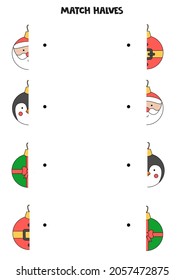 Match halves of Christmas balls. Logical game for kids.