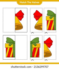 Match the halves. Match halves of Christmas Bell and Gift Box. Educational children game, printable worksheet, vector illustration