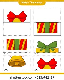 Match the halves. Match halves of Christmas Bell and Gift Box. Educational children game, printable worksheet, vector illustration