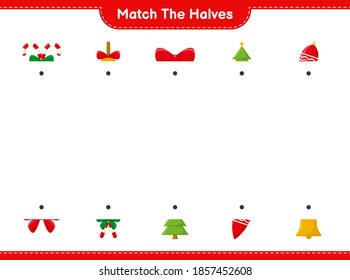 Match the halves. Match halves of Christmas Decoration. Educational children game, printable worksheet, vector illustration