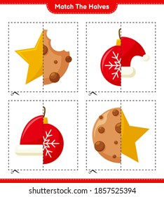 Match the halves. Match halves of Christmas Decoration. Educational children game, printable worksheet, vector illustration