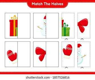 Match the halves. Match halves of Christmas Decoration. Educational children game, printable worksheet, vector illustration