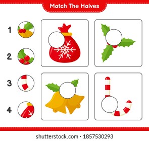 Match the halves. Match halves of Christmas Decoration. Educational children game, printable worksheet, vector illustration