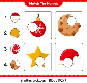 Match the halves. Match halves of Christmas Decoration. Educational children game, printable worksheet, vector illustration