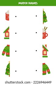 Match halves of Christmas elements. Logical game for kids.