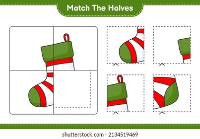 Match die Hälften! Match Hälften von Weihnachtssock. Kinderspiel, druckbares Arbeitsblatt, Vektorgrafik