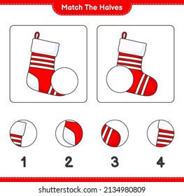 Match the halves. Match halves of Christmas Sock. Educational children game, printable worksheet, vector illustration